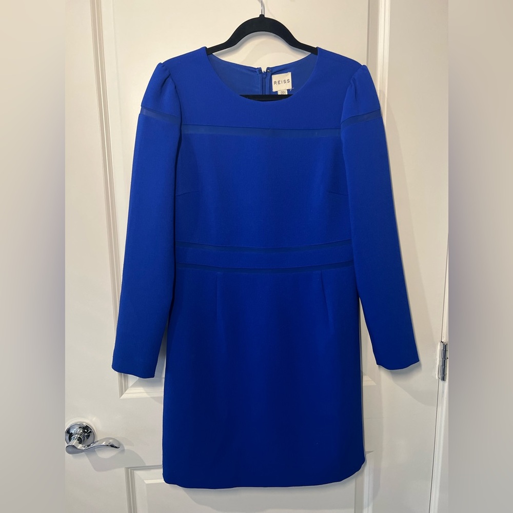 Reiss cobalt Blue long sleeve dress with mesh see through details